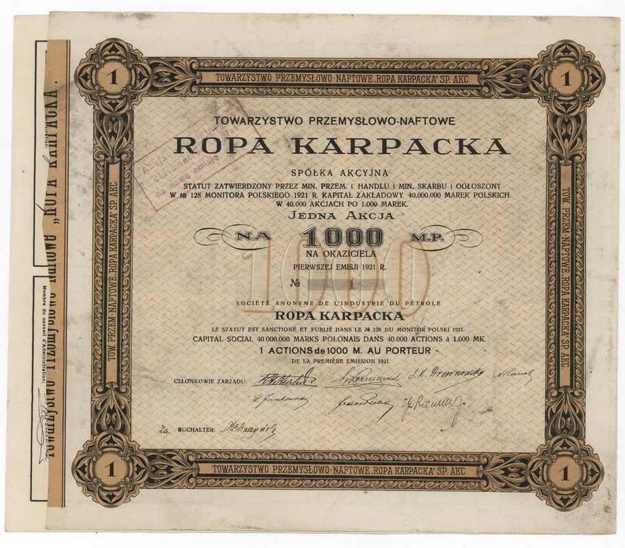 Zdjęcie akcji Towarzystwo Przemysłowo-Naftowe "Ropa Karpacka" Spółka Akcyjna