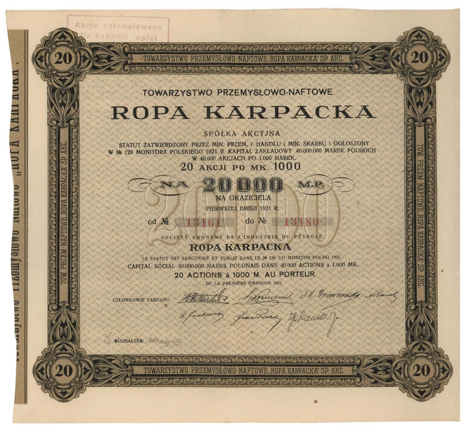 Zdjęcie akcji Towarzystwo Przemysłowo-Naftowe "Ropa Karpacka" Spółka Akcyjna