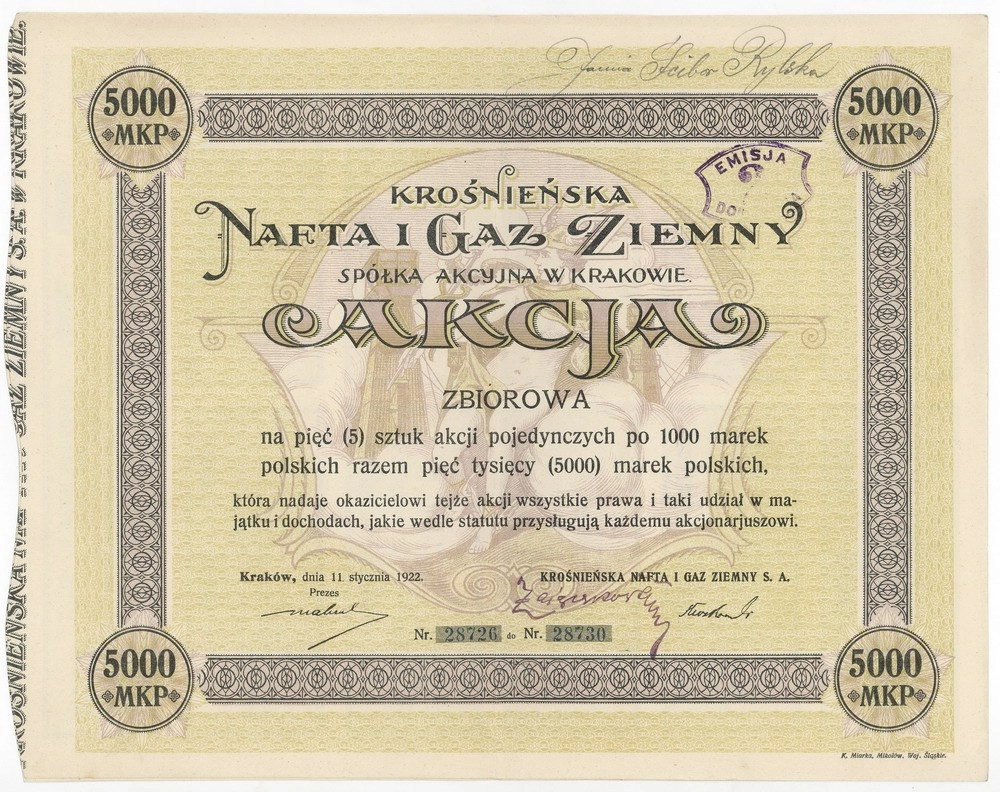 Zdjęcie akcji Krośnieńska Nafta i Gaz Ziemny Spółka Akcyjna w Krakowie