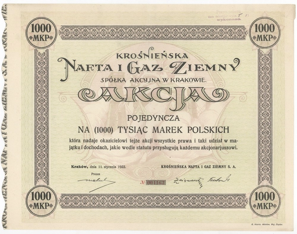 Zdjęcie akcji Krośnieńska Nafta i Gaz Ziemny Spółka Akcyjna w Krakowie