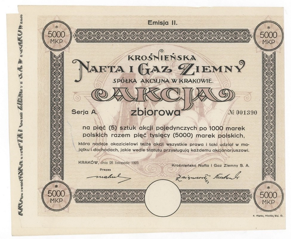 Zdjęcie akcji Krośnieńska Nafta i Gaz Ziemny Spółka Akcyjna w Krakowie