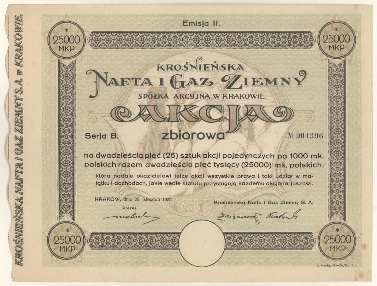 Zdjęcie akcji Krośnieńska Nafta i Gaz Ziemny Spółka Akcyjna w Krakowie