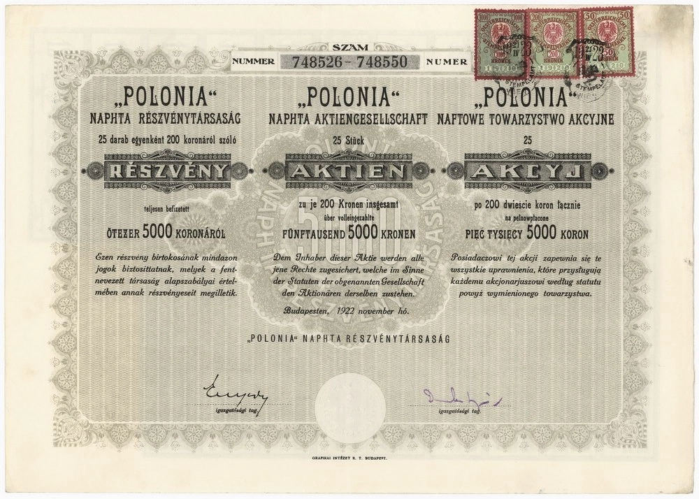 Zdjęcie akcji "POLONIA" Naftowe Towarzystwo Akcyjne