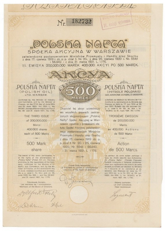 Zdjęcie akcji "Polska Nafta" Spółka Akcyjna w Warszawie