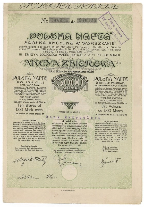 Zdjęcie akcji "Polska Nafta" Spółka Akcyjna w Warszawie