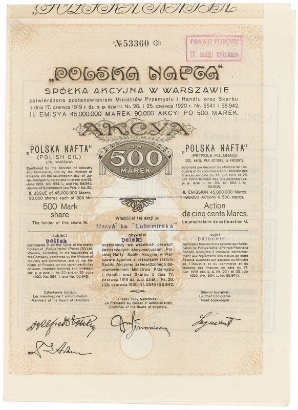 Zdjęcie akcji "Polska Nafta" Spółka Akcyjna w Warszawie