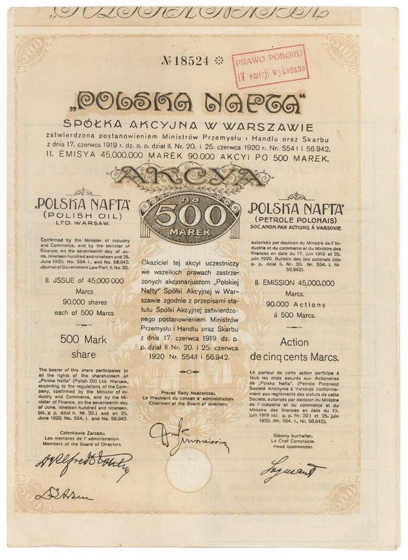 Zdjęcie akcji "Polska Nafta" Spółka Akcyjna w Warszawie