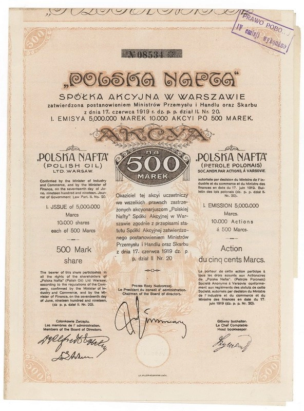 Zdjęcie akcji "Polska Nafta" Spółka Akcyjna w Warszawie