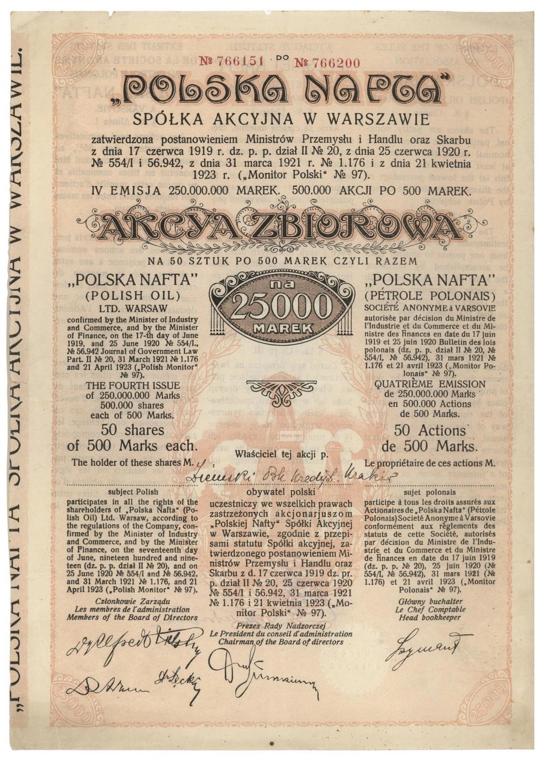 Zdjęcie akcji "Polska Nafta" Spółka Akcyjna w Warszawie