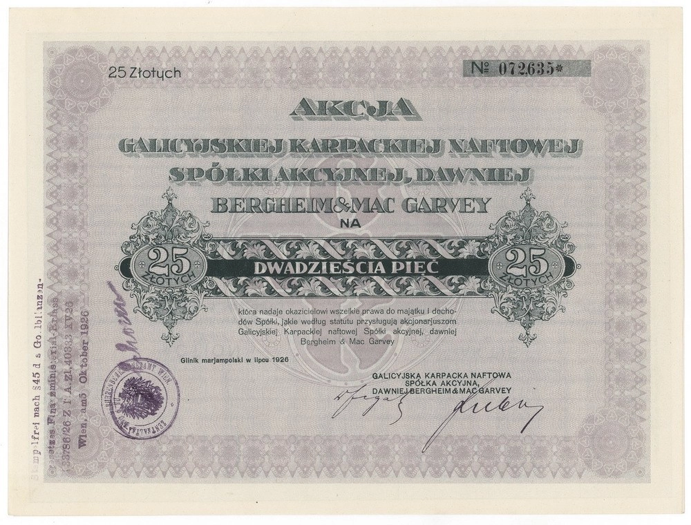 Zdjęcie akcji Galicyjska Karpacka Naftowa Spółka Akcyjna, dawniej Bergheim & Mac Garvey