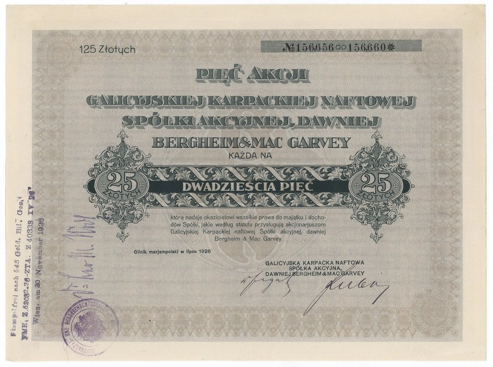 Zdjęcie akcji Galicyjska Karpacka Naftowa Spółka Akcyjna, dawniej Bergheim & Mac Garvey