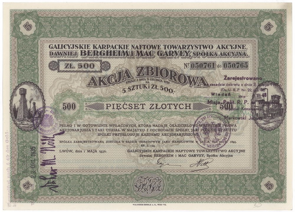 Zdjęcie akcji Galicyjskie Karpackie Naftowe Towarzystwo Akcyjne, dawniej Bergheim i Mac Garvey, Spółka Akcyjna