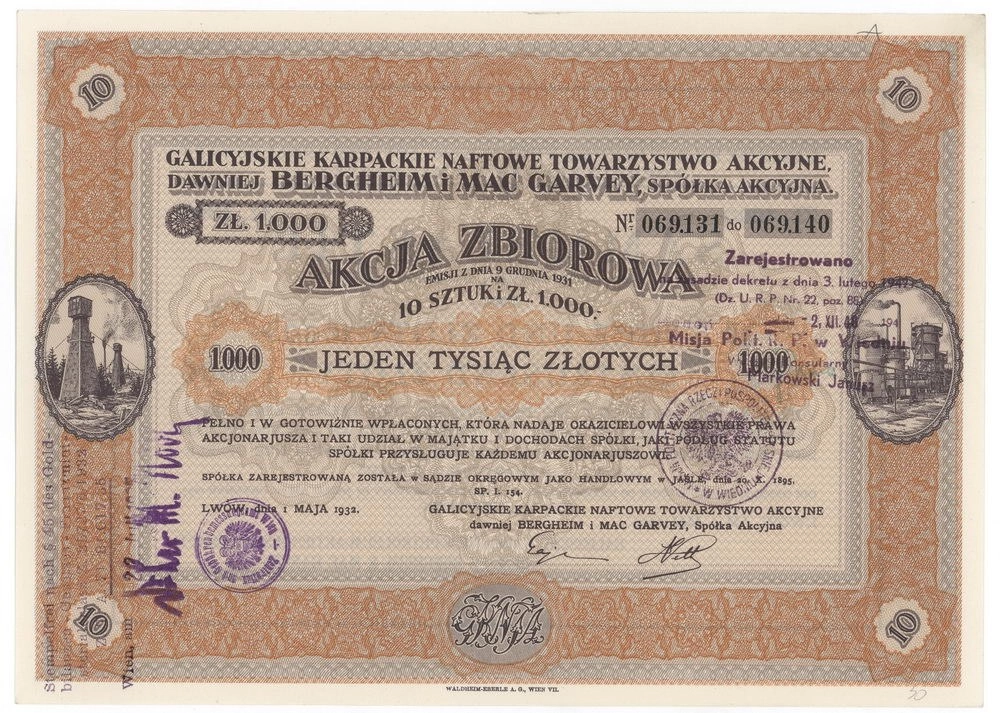 Zdjęcie akcji Galicyjskie Karpackie Naftowe Towarzystwo Akcyjne, dawniej Bergheim i Mac Garvey, Spółka Akcyjna