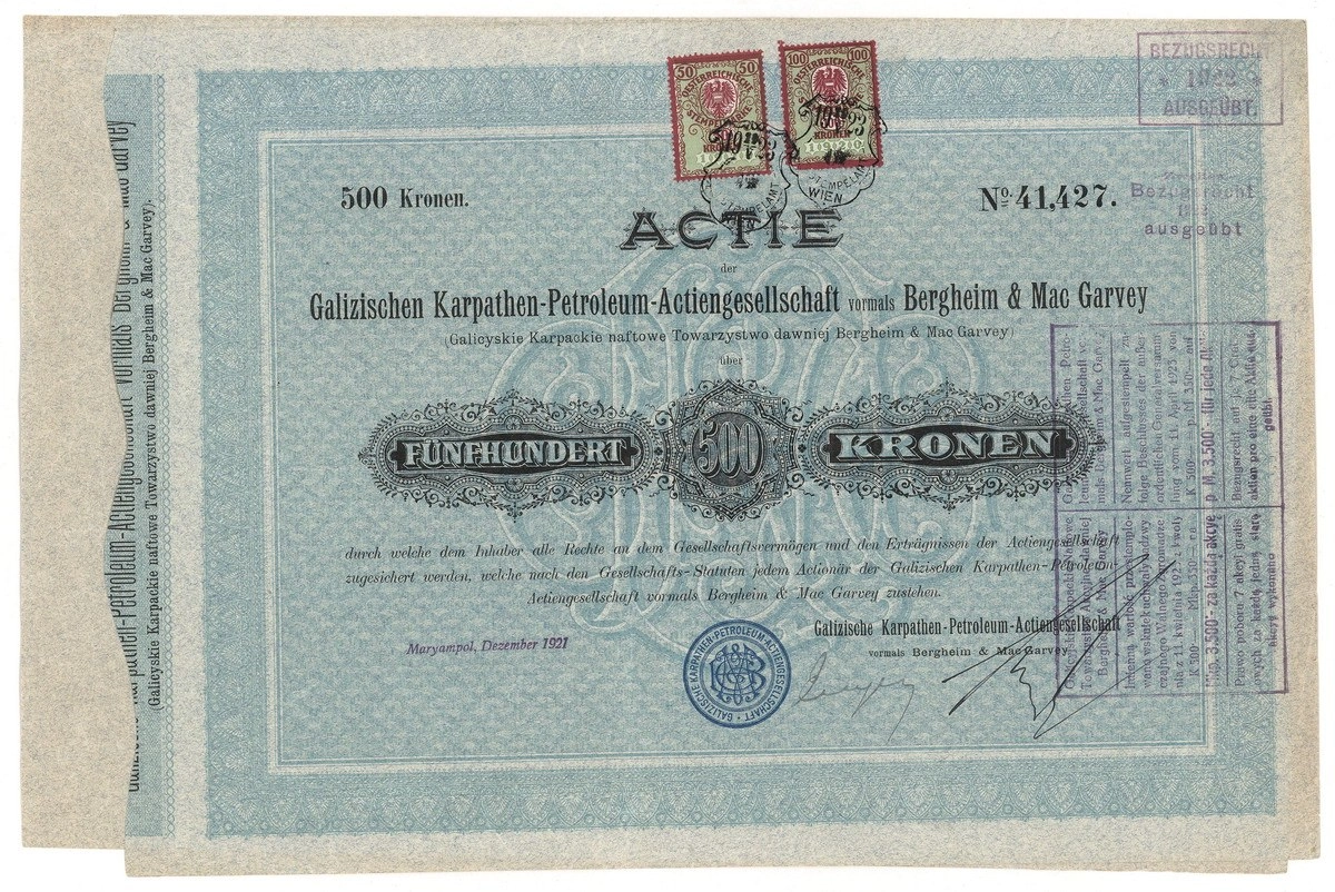 Zdjęcie akcji Galicyjskie Karpackie Naftowe Towarzystwo Akcyjne, dawniej Bergheim & Mac Garvey