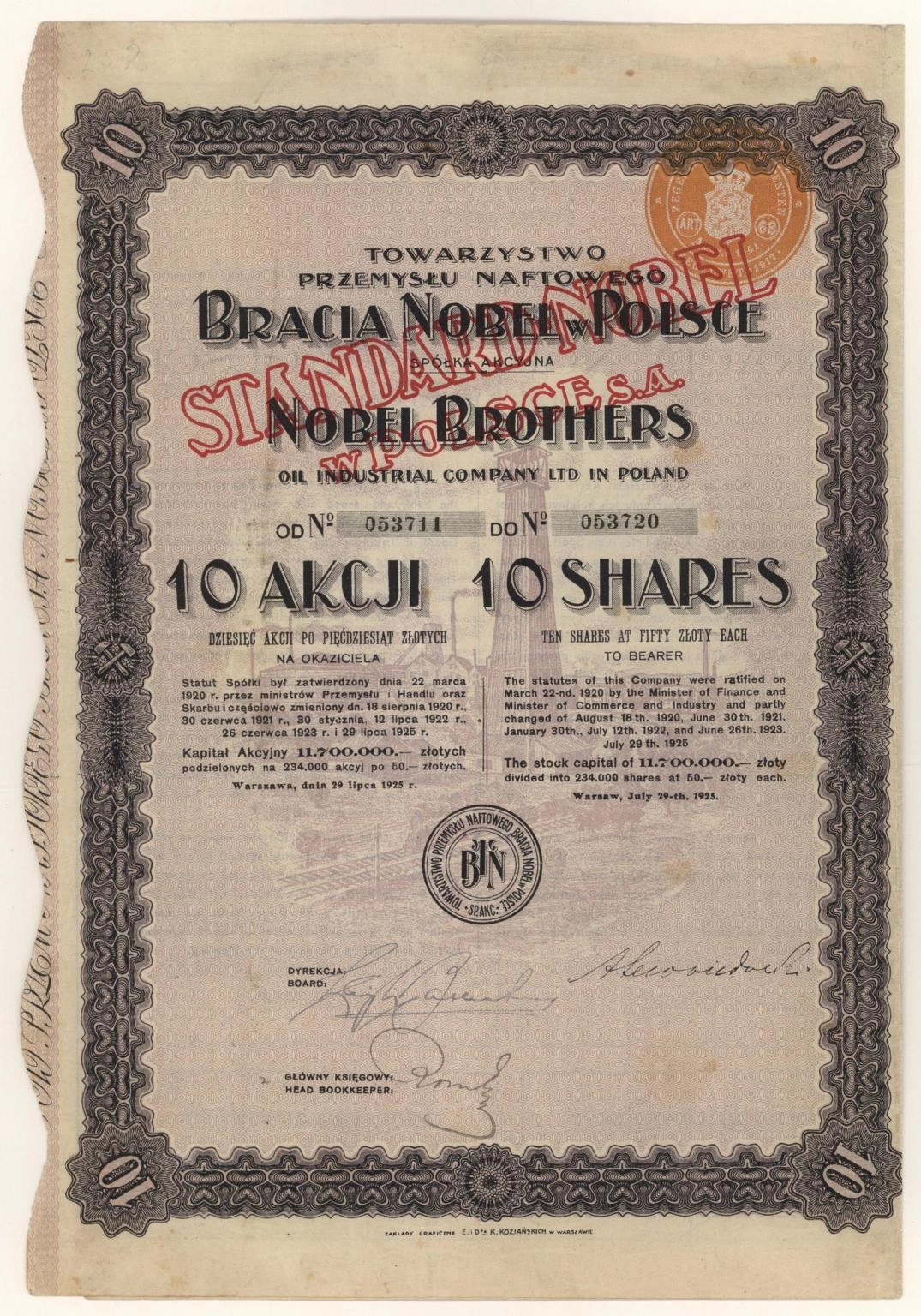 Zdjęcie akcji Towarzystwo Przemysłu Naftowego "Bracia Nobel w Polsce" Spółka Akcyjna