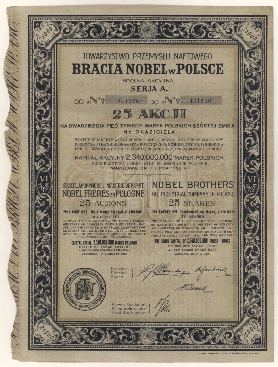 Zdjęcie akcji Towarzystwo Przemysłu Naftowego "Bracia Nobel w Polsce" Spółka Akcyjna