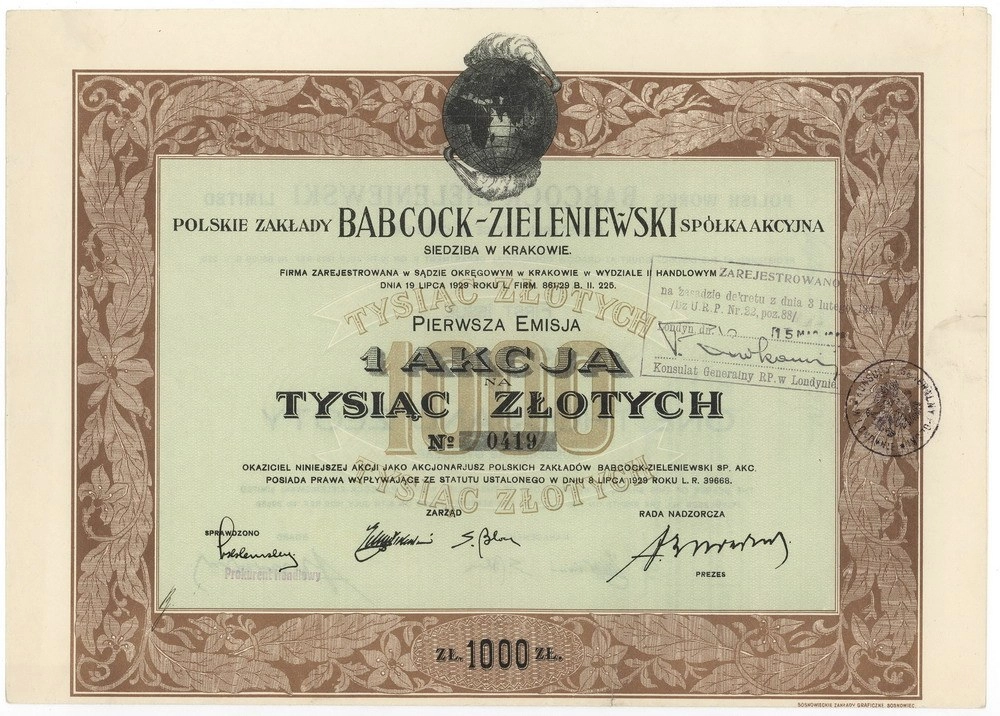 Zdjęcie akcji Polskie Zakłady "Babcock-Zieleniewski" Spółka Akcyjna