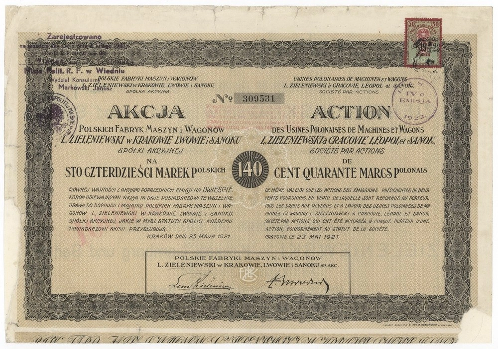 Zdjęcie akcji Polskie Fabryki Maszyn i Wagonów "L. Zieleniewski" w Krakowie, Lwowie i Sanoku, Spółka Akcyjna