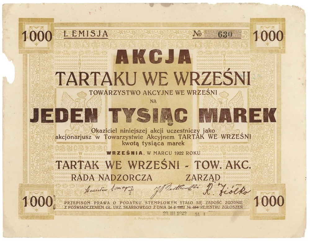Zdjęcie akcji "Tartak we Wrześni" Towarzystwo Akcyjne