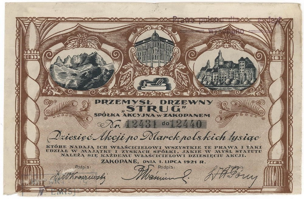 Zdjęcie akcji Przemysł Drzewny "Strug" Spółka Akcyjna w Zakopanem