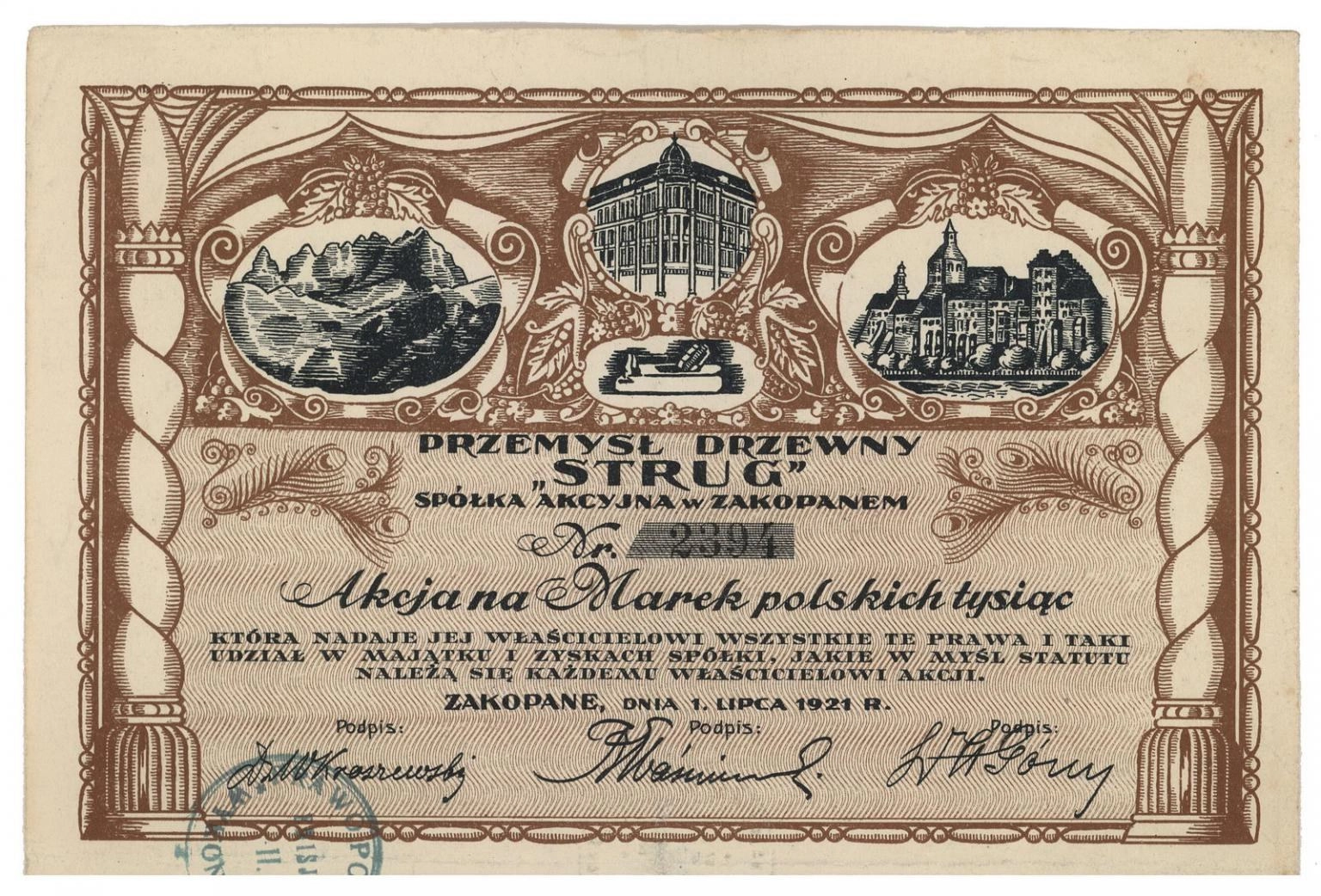 Zdjęcie akcji Przemysł Drzewny "Strug" Spółka Akcyjna w Zakopanem