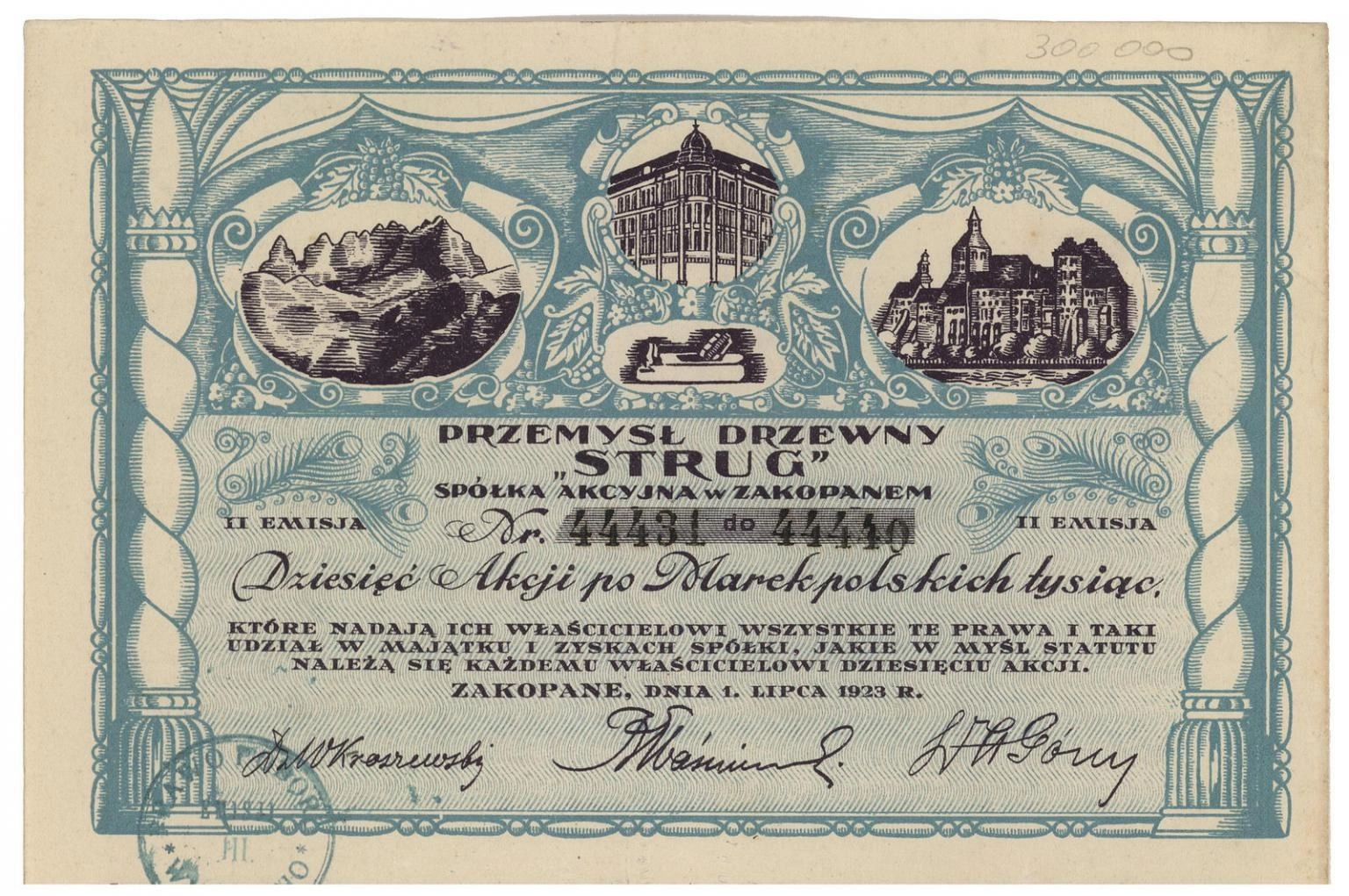 Zdjęcie akcji Przemysł Drzewny "Strug" Spółka Akcyjna w Zakopanem