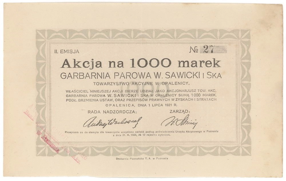 Zdjęcie akcji Garbarnia Parowa "W. Sawicki i Spółka" Towarzystwo Akcyjne w Opalenicy