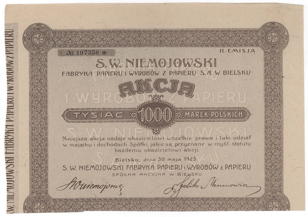 Zdjęcie akcji "S. W. Niemojowski" Fabryka Papieru i Wyrobów z Papieru Spółka Akcyjna w Bielsku