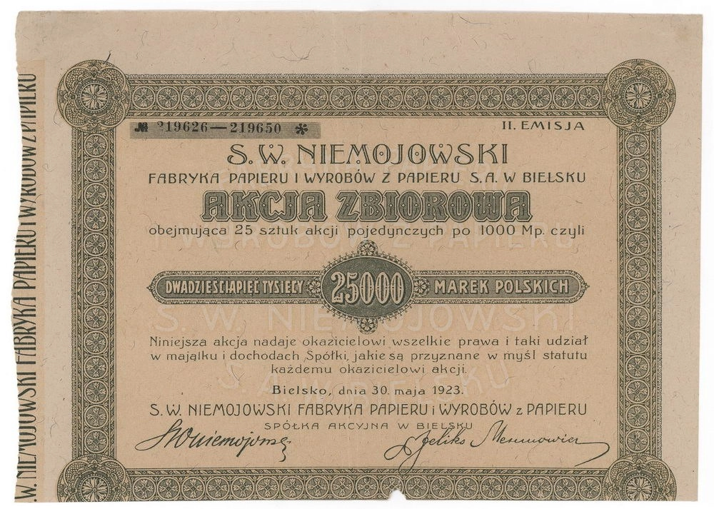 Zdjęcie akcji "S. W. Niemojowski" Fabryka Papieru i Wyrobów z Papieru Spółka Akcyjna w Bielsku