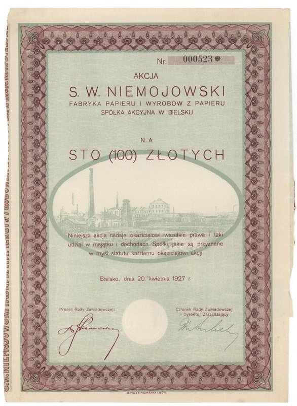 Zdjęcie akcji "S. W. Niemojowski" Fabryka Papieru i Wyrobów z Papieru Spółka Akcyjna w Bielsku
