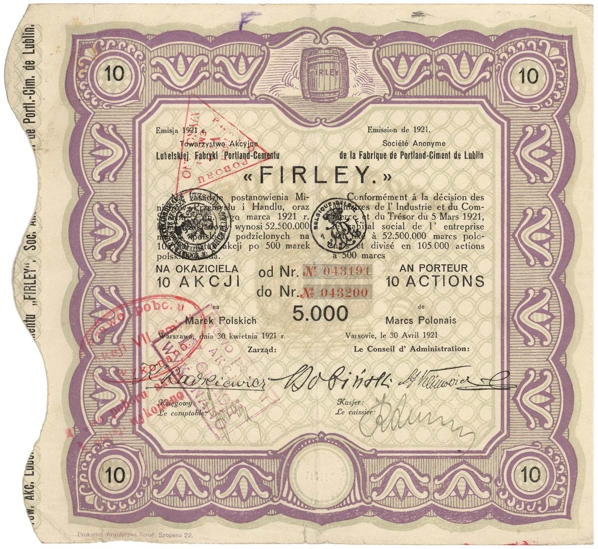 Zdjęcie akcji Towarzystwo Akcyjne Lubelskiej Fabryki Portland-Cementu "Firley"