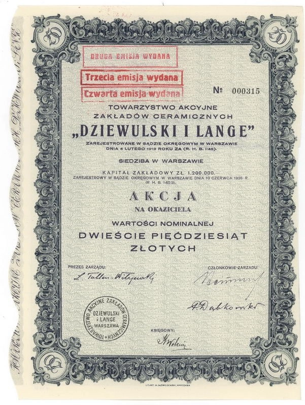 Zdjęcie akcji Towarzystwo Akcyjne Zakładów Ceramicznych "Dziewulski i Lange"