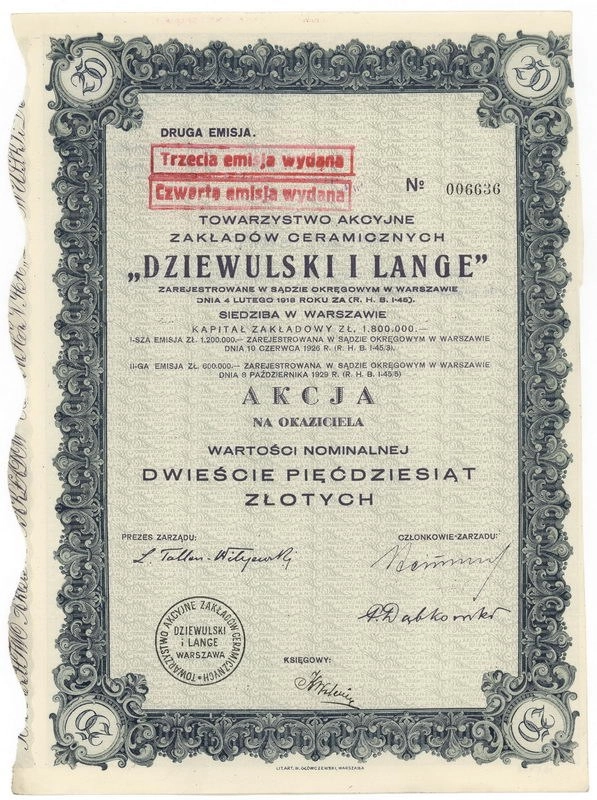 Zdjęcie akcji Towarzystwo Akcyjne Zakładów Ceramicznych "Dziewulski i Lange"