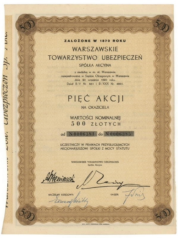 Zdjęcie akcji Warszawskie Towarzystwo Ubezpieczeń Spółka Akcyjna