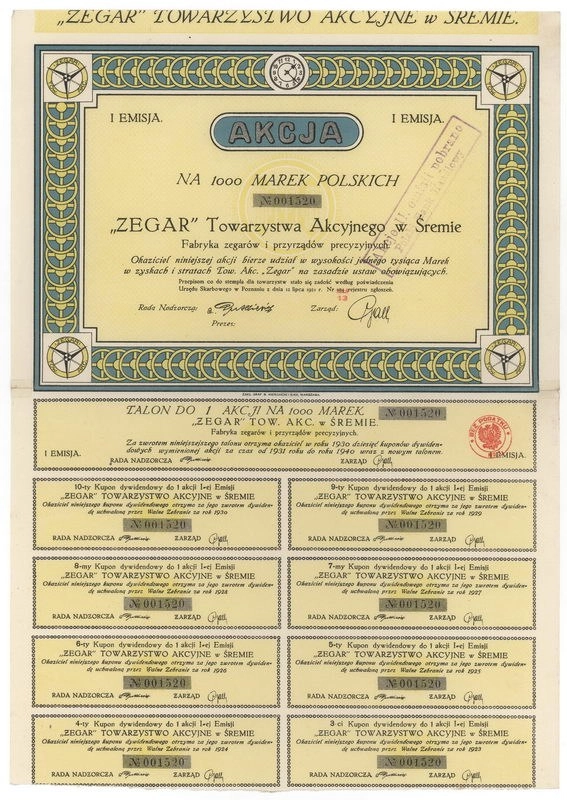 Zdjęcie akcji "Zegar" Fabryka Zegarów i Przyrządów Precyzyjnych w Śremie, Towarzystwo Akcyjne