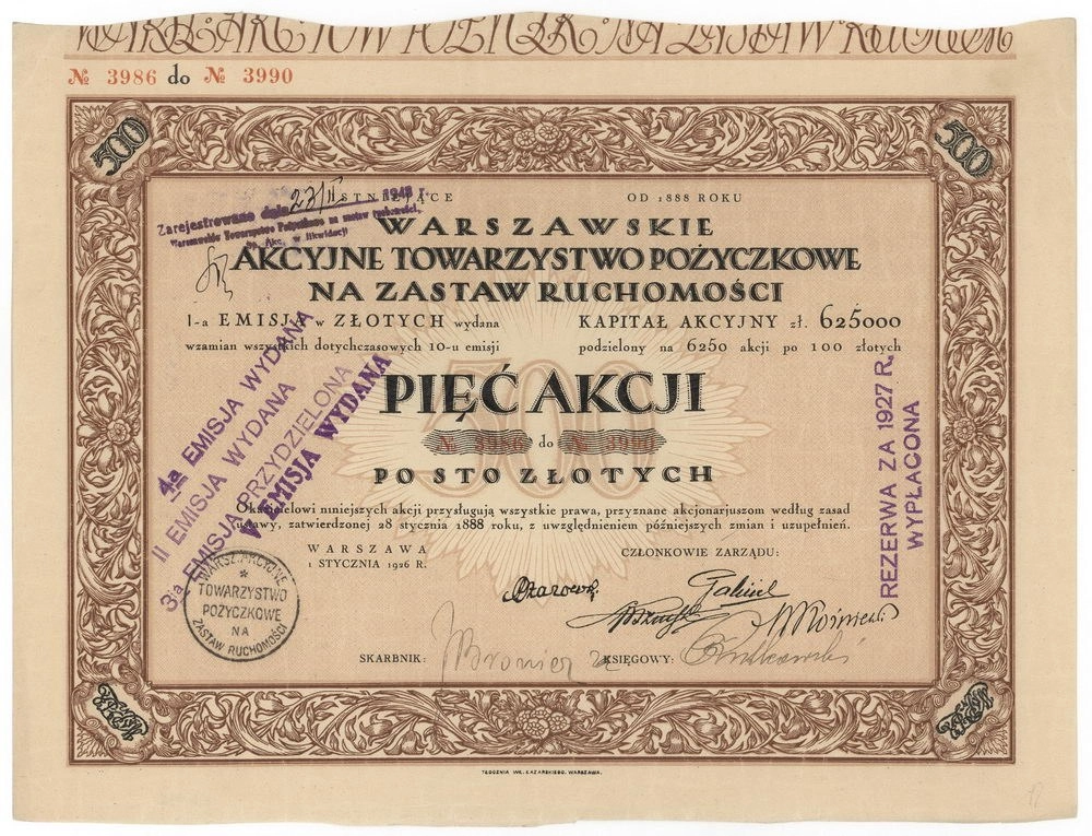 Zdjęcie akcji Warszawskie Akcyjne Towarzystwo Pożyczkowe na Zastaw Ruchomości