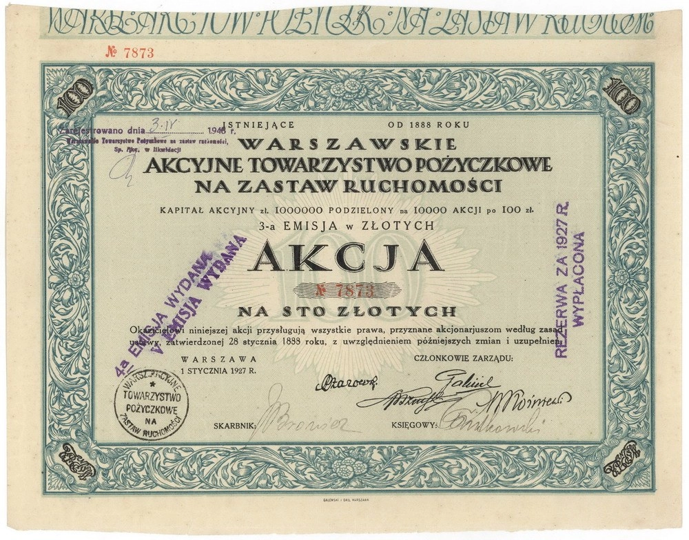 Zdjęcie akcji Warszawskie Akcyjne Towarzystwo Pożyczkowe na Zastaw Ruchomości