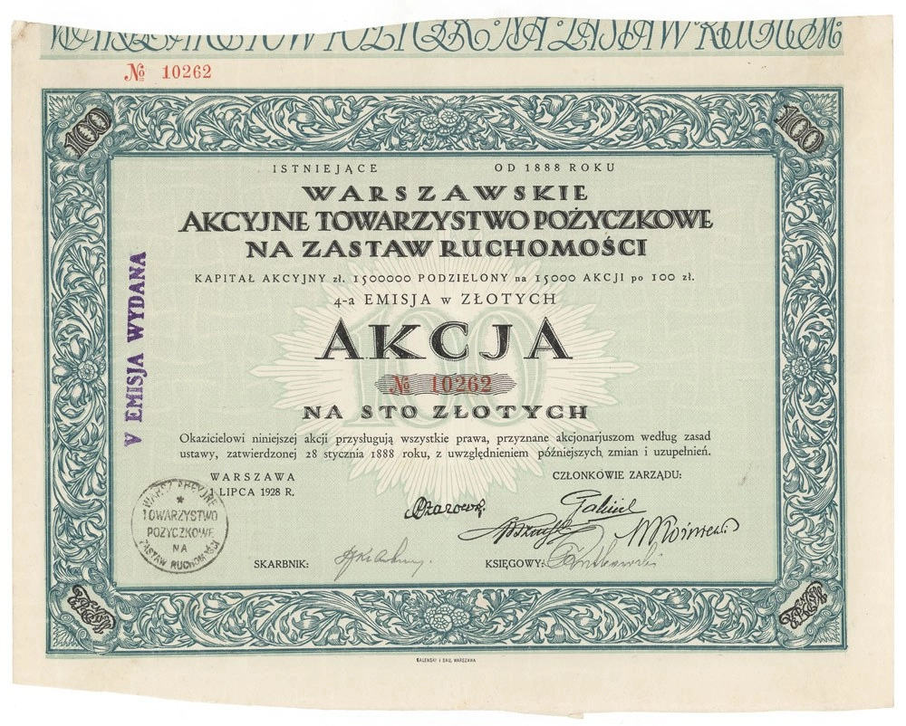 Zdjęcie akcji Warszawskie Akcyjne Towarzystwo Pożyczkowe na Zastaw Ruchomości