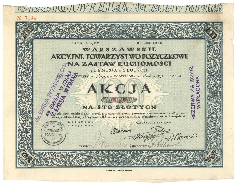 Zdjęcie akcji Warszawskie Akcyjne Towarzystwo Pożyczkowe na Zastaw Ruchomości