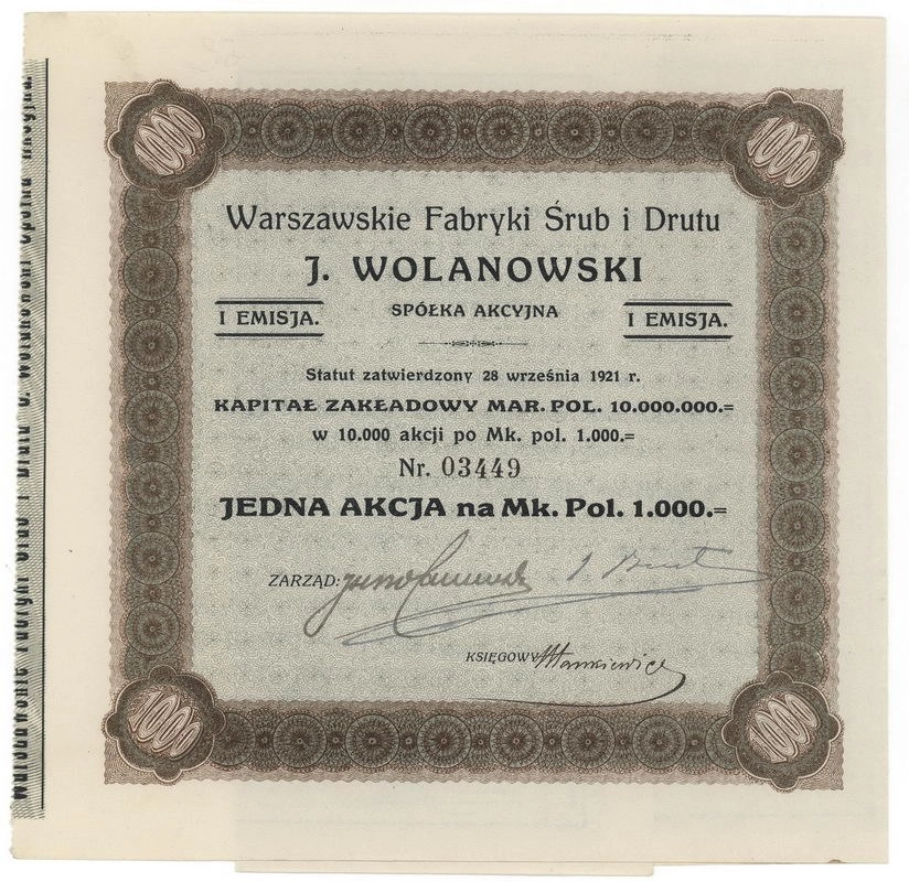 Zdjęcie akcji Warszawskie Fabryki Śrub i Drutu J. Wolanowski Spółka Akcyjna