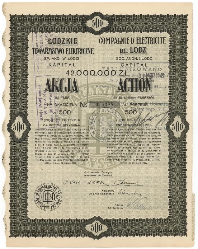 Zdjęcie akcji Łódzkie Towarzystwo Elektryczne Spółka Akcyjna w Łodzi