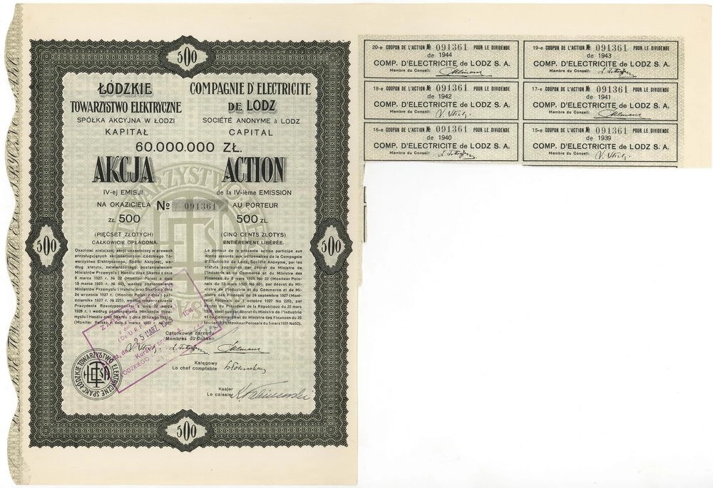 Zdjęcie akcji Łódzkie Towarzystwo Elektryczne Spółka Akcyjna w Łodzi