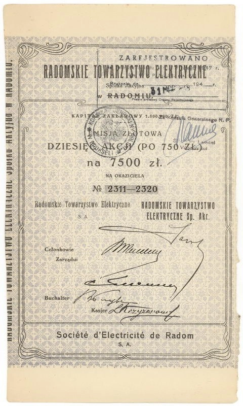 Zdjęcie akcji Radomskie Towarzystwo Elektryczne Spółka Akcyjna w Radomiu