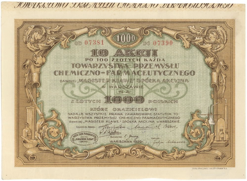 Zdjęcie akcji Towarzystwo Przemysłu Chemiczno-Farmaceutycznego (dawniej "Magister Klawe") Spółka Akcyjna w Warszawie