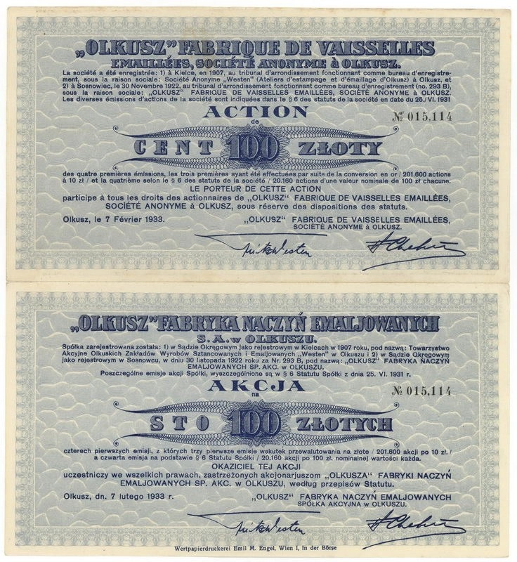 Zdjęcie akcji "Olkusz" Fabryka Naczyń Emaliowanych Spółka Akcyjna w Olkuszu