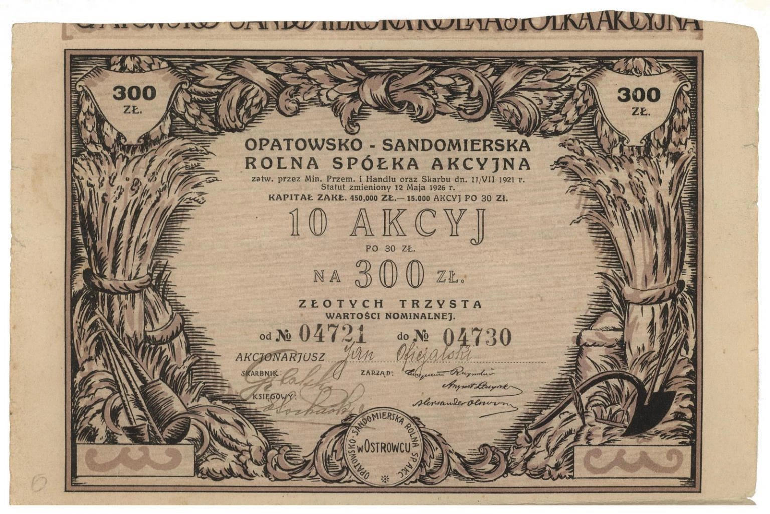 Zdjęcie akcji Opatowsko-Sandomierska Rolna Spółka Akcyjna w Ostrowcu