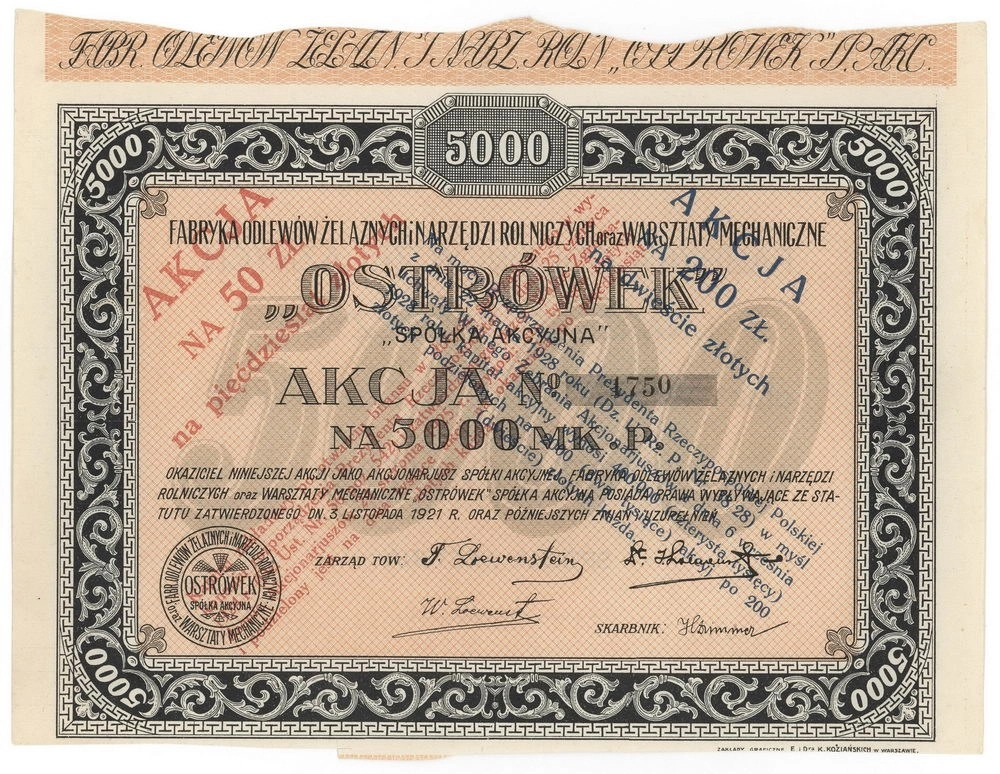 Zdjęcie akcji Fabryka Odlewów Żelaznych i Narzędzi Rolniczych oraz Warsztaty Mechaniczne "Ostrówek" Spółka Akcyjna