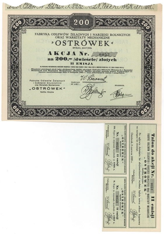 Zdjęcie akcji Fabryka Odlewów Żelaznych i Narzędzi Rolniczych oraz Warsztaty Mechaniczne "Ostrówek" Spółka Akcyjna