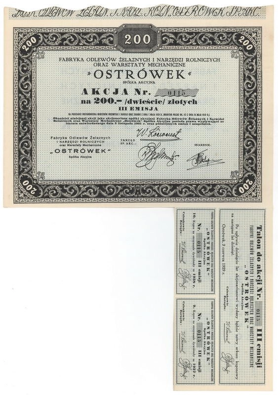 Zdjęcie akcji Fabryka Odlewów Żelaznych i Narzędzi Rolniczych oraz Warsztaty Mechaniczne "Ostrówek" Spółka Akcyjna