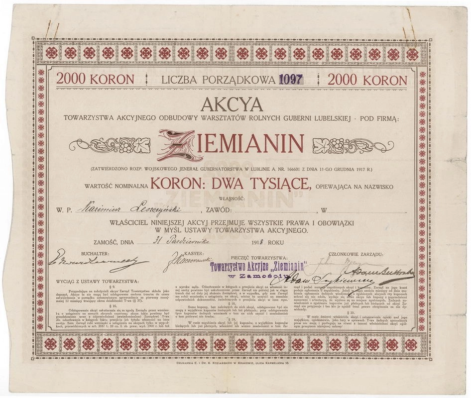 Zdjęcie akcji Towarzystwo Akcyjne Odbudowy Warsztatów Rolnych Guberni Lubelskiej pod firmą "Ziemianin"